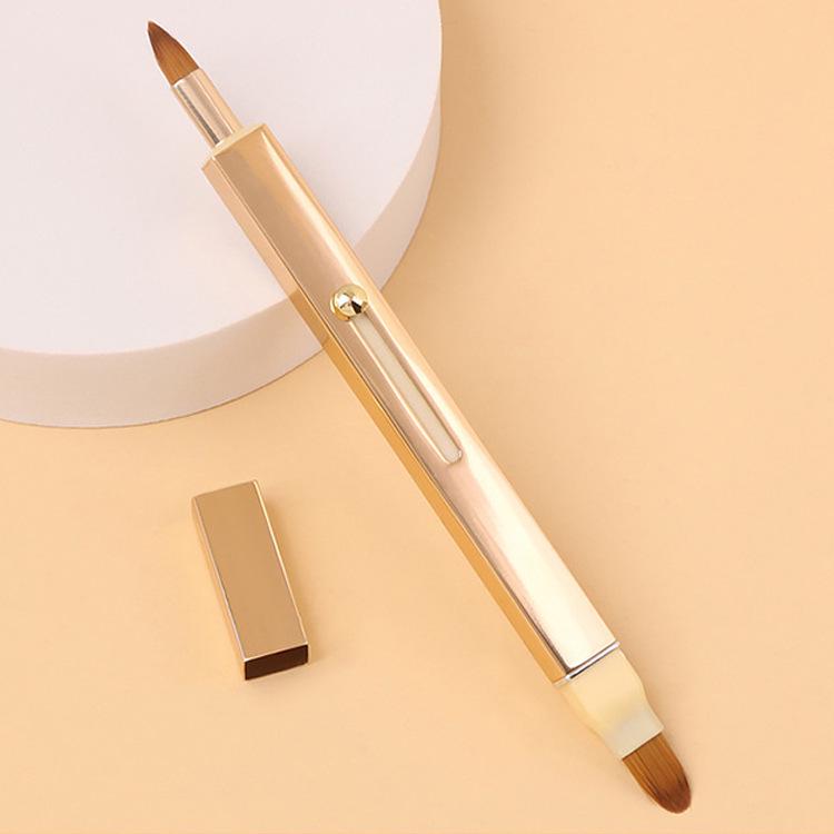 Aluminum Double-Ended Retractable Lip Brush with Lid - Portable Makeup Tool with Round Head