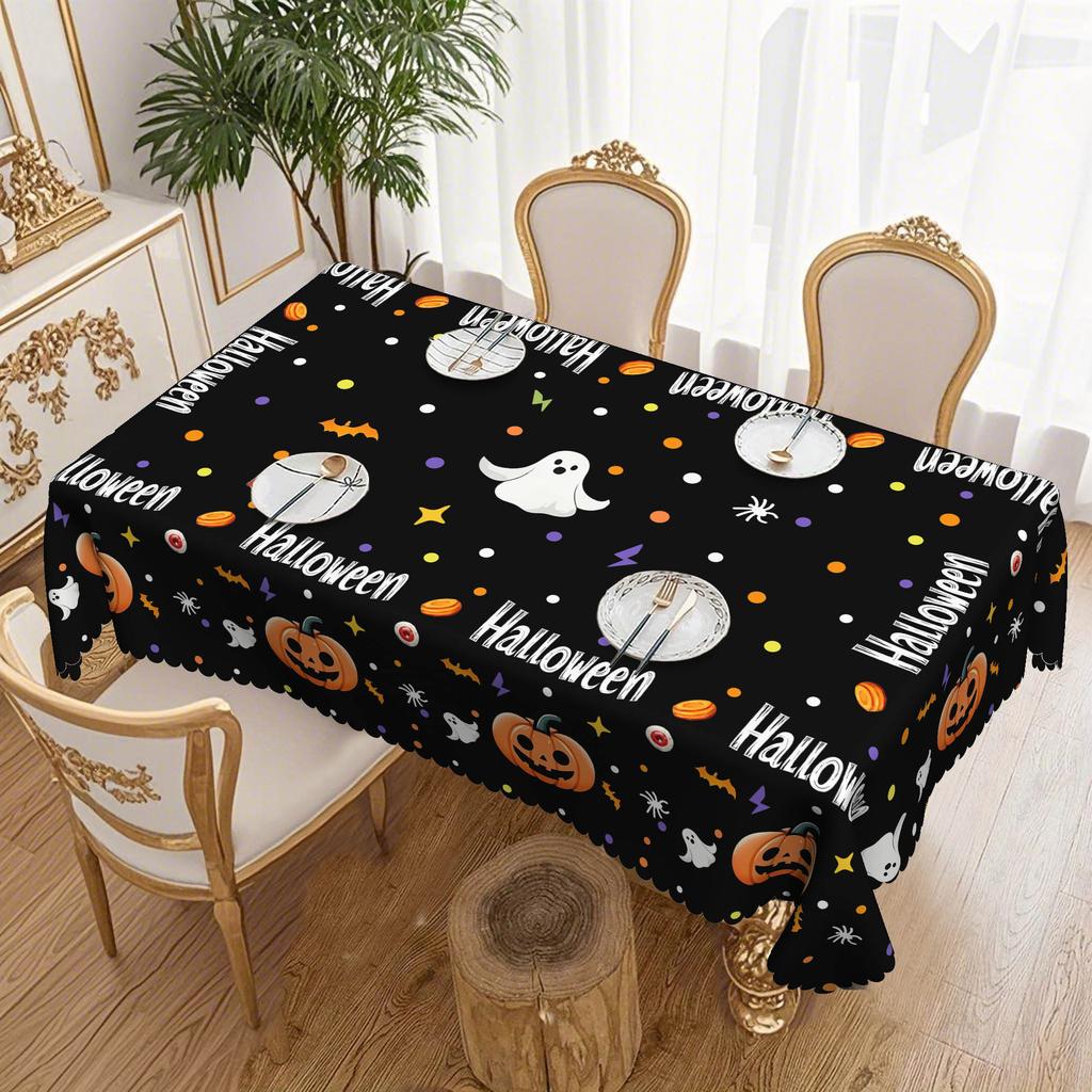 1 Halloween Runde Tischdecke 60 Zoll - Geister, Fledermäuse, Kürbisse und Spinnenmuster für lange Tische