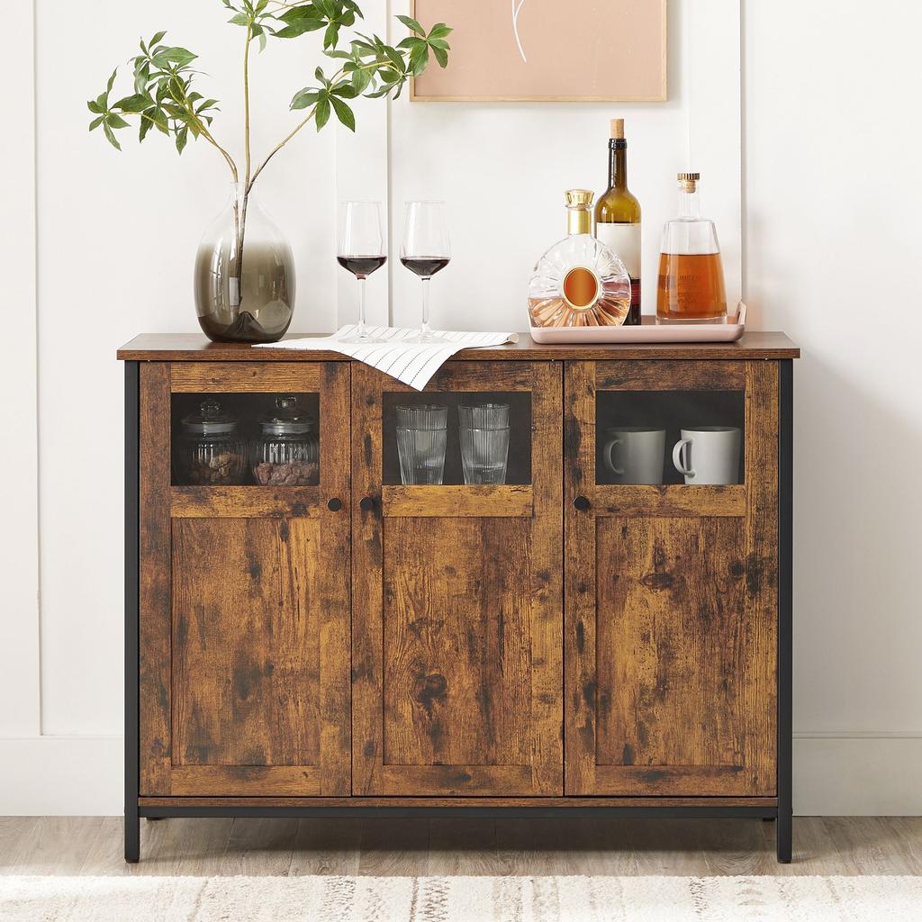 VASAGLE Sideboard, Buffet Table, Storage Cabinet with Glass Doors, Dining Room, Living Room, Hallway, Kitchen, Steel Frame, Industrial Style