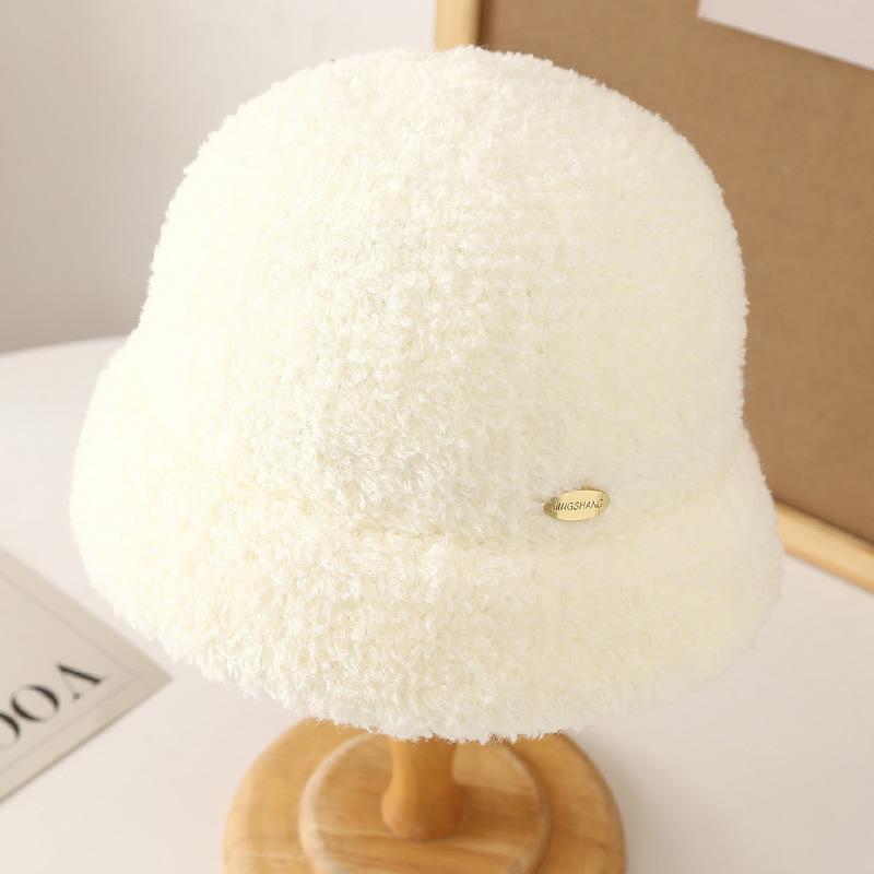 Small Label Thick Simple Lamb Wool Bucket Hat Basin Hat Women's Autumn and Winter Outdoor Warm Windproof Cold Bucket Hat