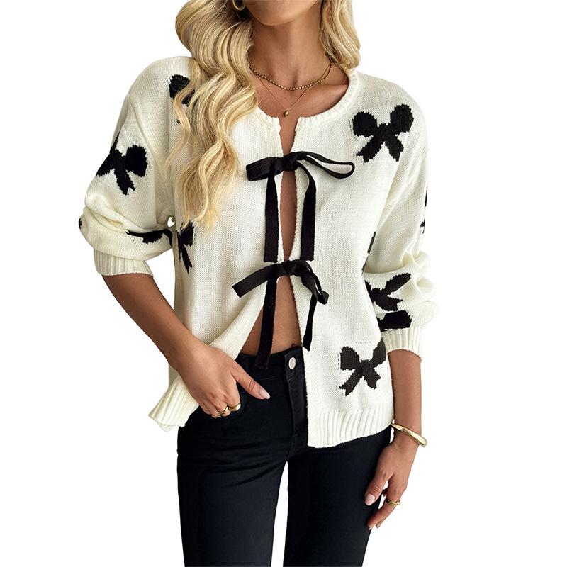 2026 Autumn/Winter Sweet Girly Knit Lace-up Bow Sweater Coat for Women