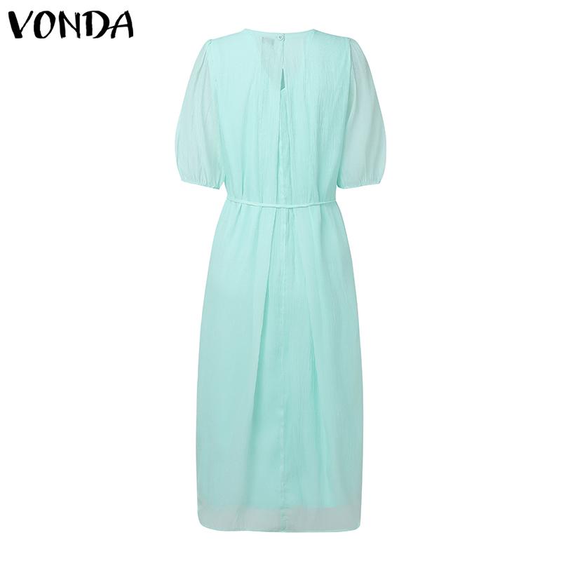VONDA Damska Okrągły Dekolt Krótki Rękaw Jednolity Casualowa Długa Elegancka Sukienka