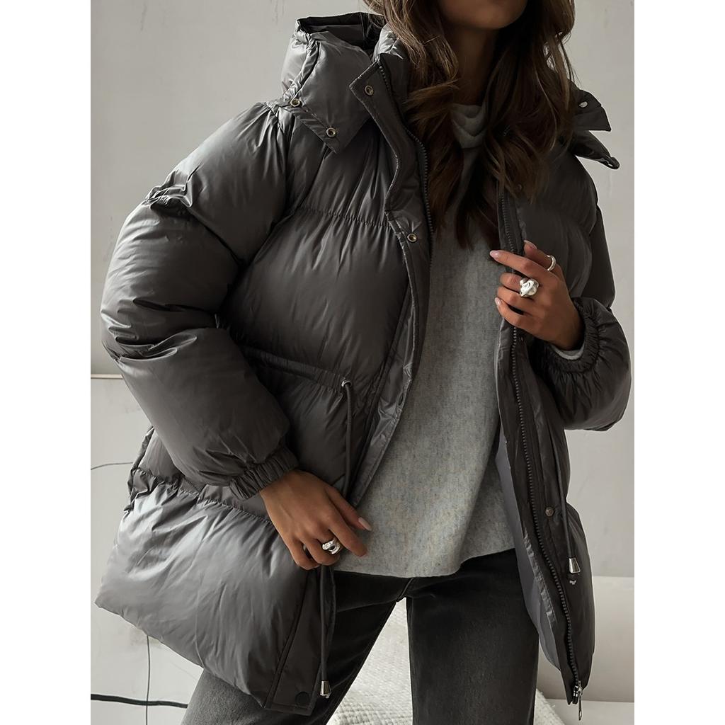 2025 Winter New Women's Drawstring Slim Fit Cotton Coat with Hood Zipper Warm Comfortable Outerwear for Europe and America