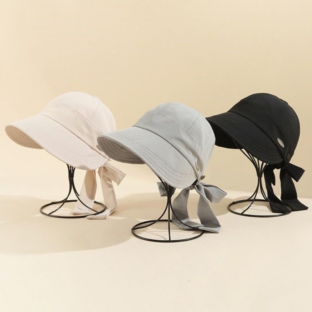 Solid Color Wide Brim Bucket Hat with Bow Peaked Cap Simple Women Sun Hat Fishing