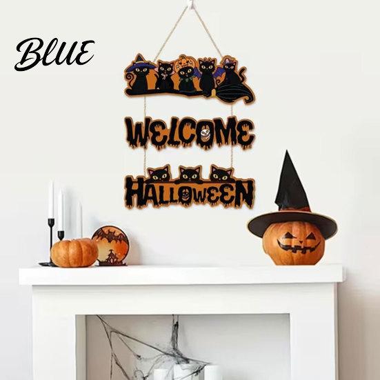 Natural Wood Halloween Decor Wooden Door Sign, Black Cats Broom Front Hanger, Rustic Multi-layer Polished Sign Hanging Welcome for Home Window
