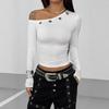 Top Asimmetrico con Spalle Scoperte da Donna a Maniche Lunghe Temperamentale Tinta Unita Slim Pullover T-shirt Corta