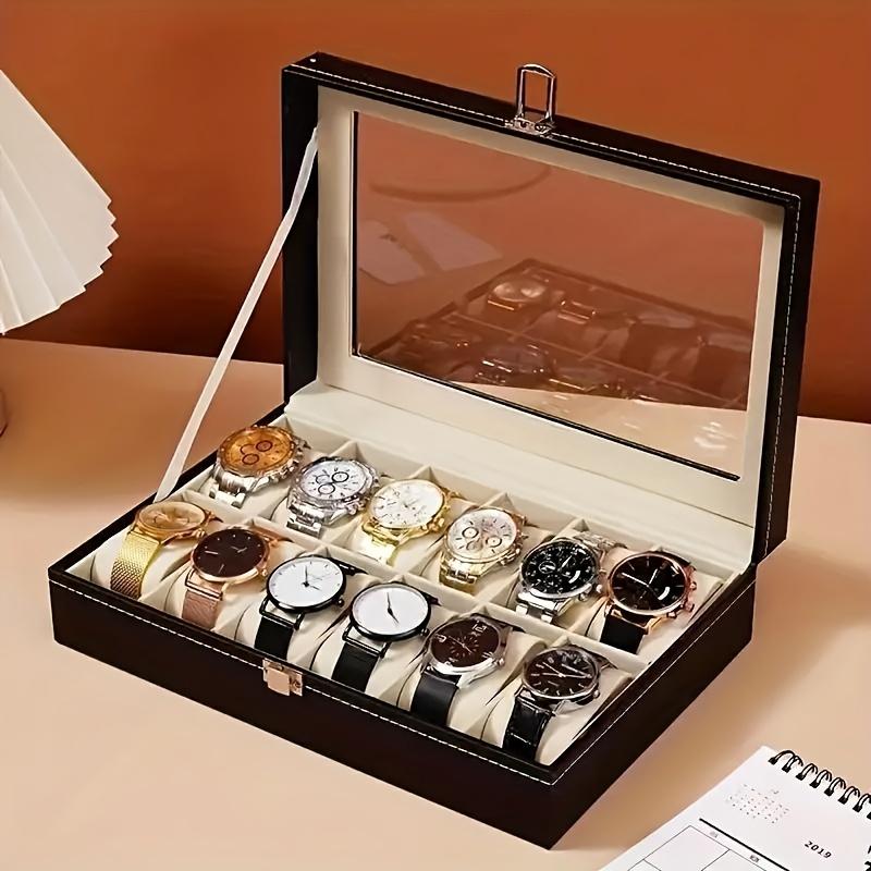 Luxuriöse schwarze Uhrenbox aus Kunstleder mit Glasdeckel, Samt gefüttert, abschließbarer Klappdeckel, rechteckige Vitrine für 12 Uhren