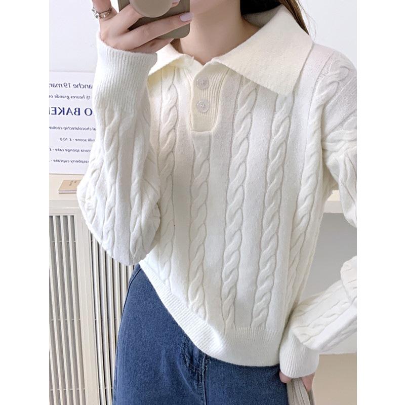 Women's Sweater POLO Collar Autumn and Winter Vintage Loose Pullover Sweater Knitted Top for Women