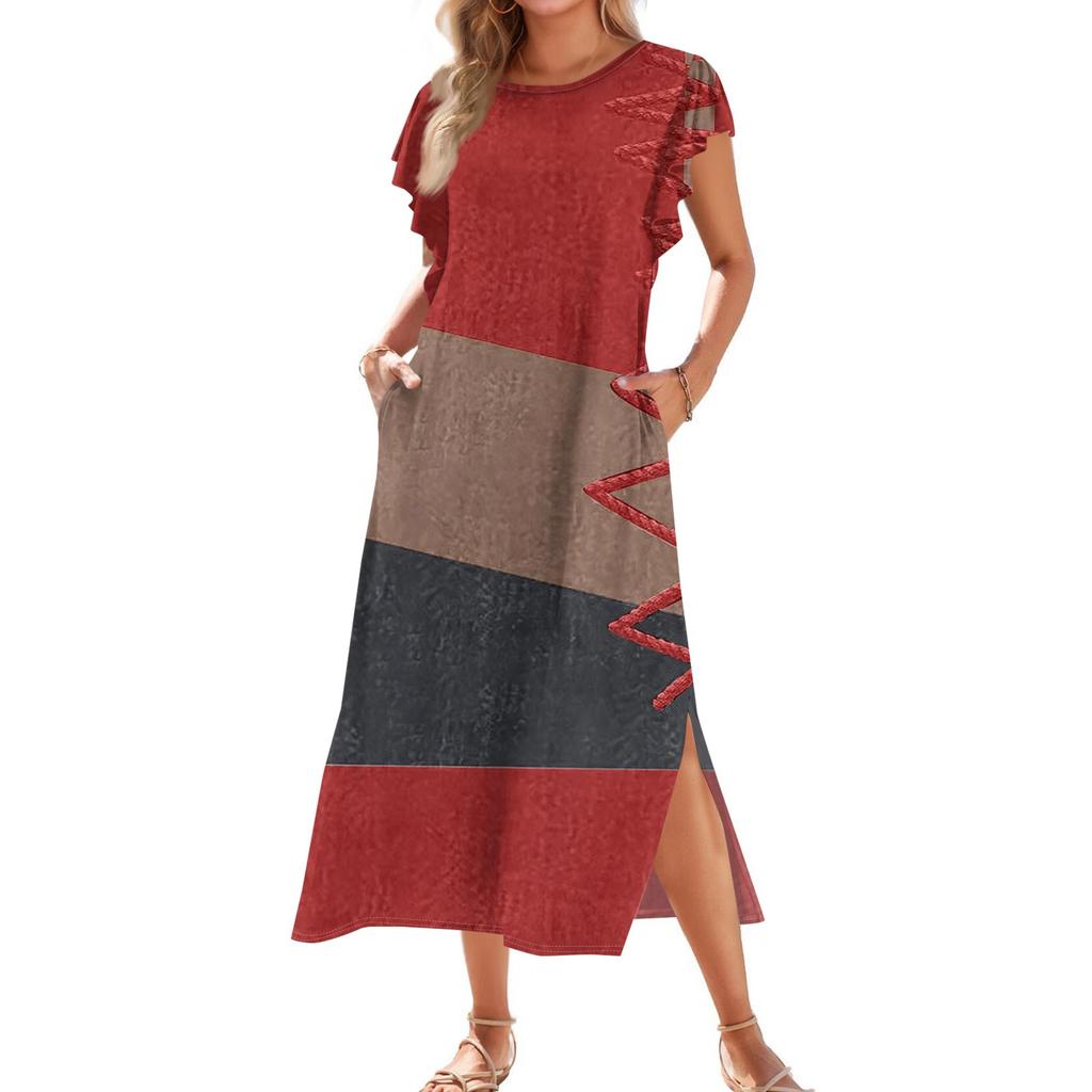 Ladies' Fashionable Summer Casual Pleated Sleeves, Loose Color Block Patchwork Printed Short-sleeved Round Tie Pocket Beach Dress