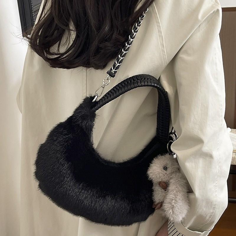 Cute Plush Shoulder Bag Women Soft Faux Fur Crossbody With Zip Card Pocket Urban Minimalist Style