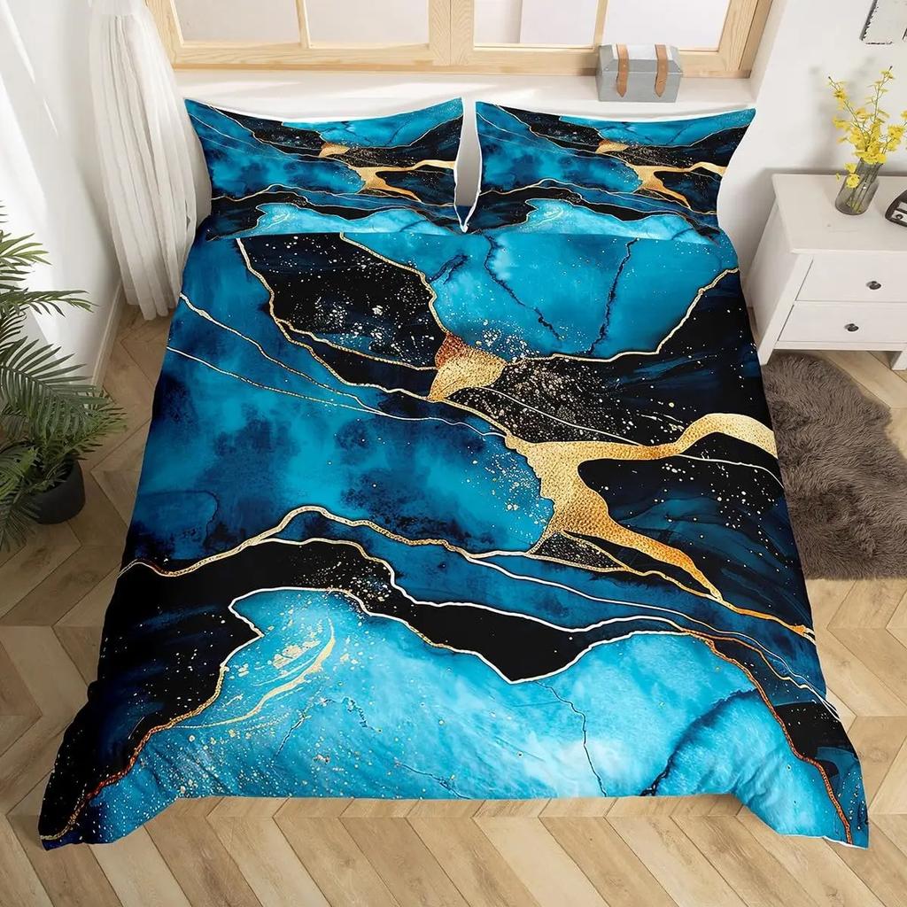 Blue Marble Duvet Cover, Geometric Comforter Cover Twin Queen Size Golden Stone Pattern Bedding Set Abstract Trippy Quilt Cover