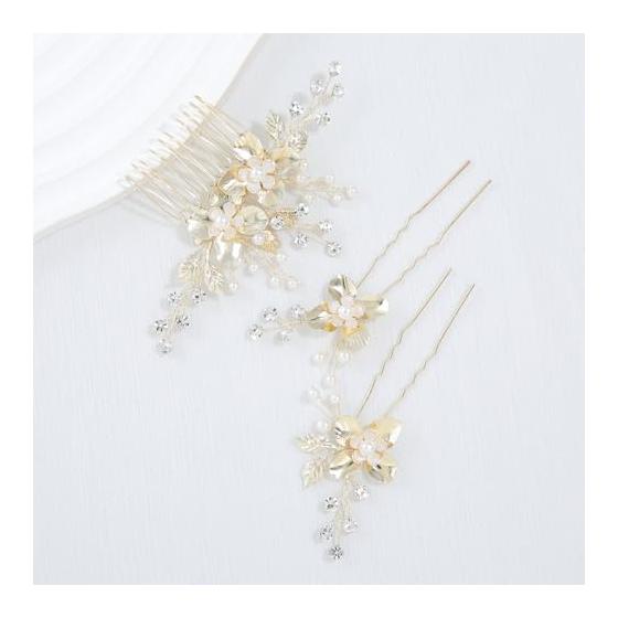 5-Piece Hair Accessory Set: Leaf and Flower Motif Comb & U-Pins, Handmade Bridal Hairpins, Wedding Headpiece, Floral Hair Ornaments for Parties,