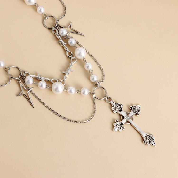 Fashion Cross Pendant Necklace Gothic Layered Necklace Pearl Beaded Necklace