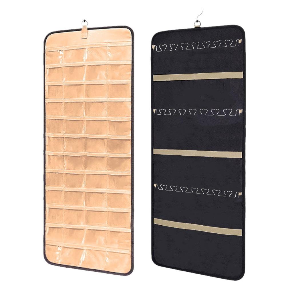 

Двусторонний подвесной органайзер для украшений с вешалкой, металлическими крючками, пыленепроницаемым рулоном для хранения, защитой стены, держателем для серег чёрный