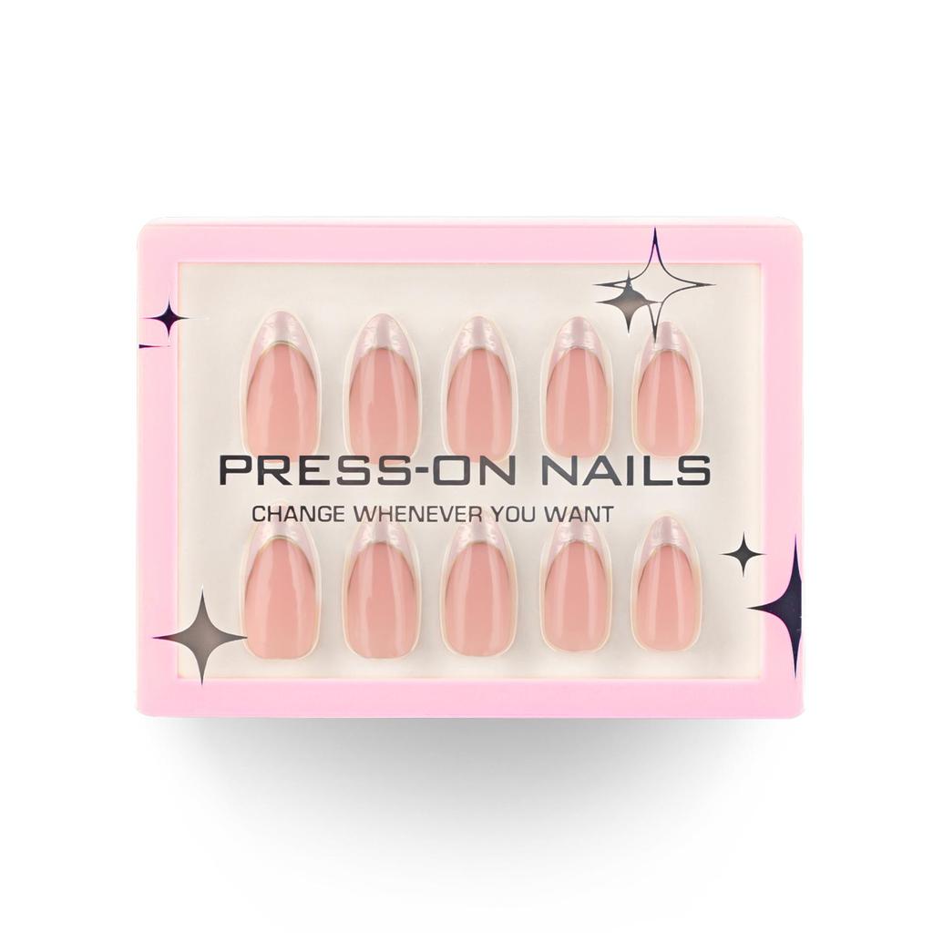 Elegant Gold-Curved French White Marble Wearable Nail Art Tips