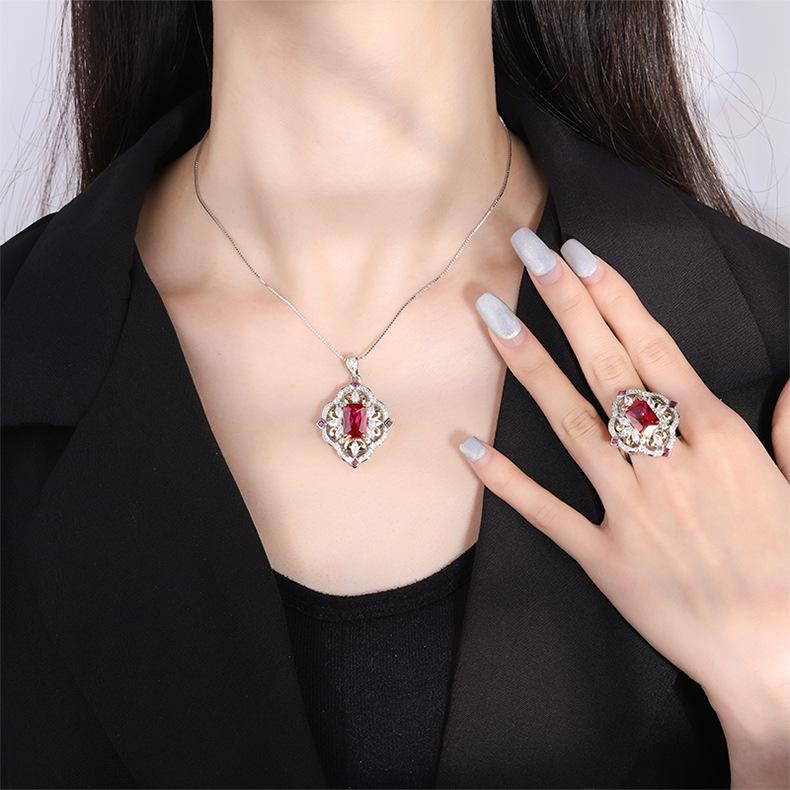 Simulated Emerald Paraiba Pendant Red Zircon Ring Tourmaline Necklace Banquet Wedding Jewelry Set