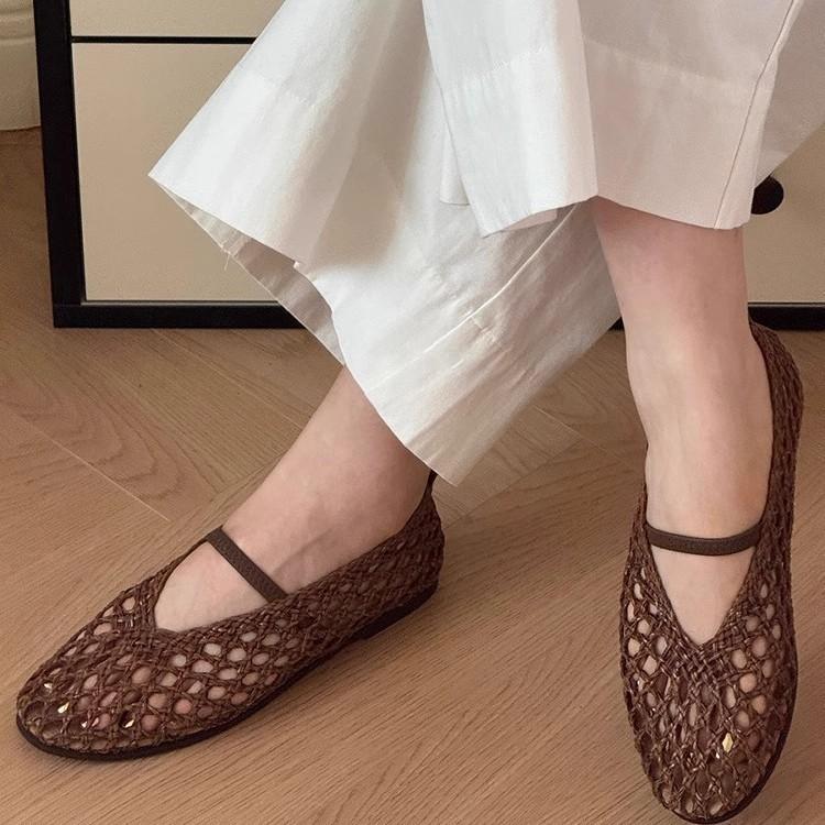 Sheepskin version~ High-end niche design, woven empty Mary Jane single shoes, women's flat-bottomed fishing nets, evening wind women's shoes