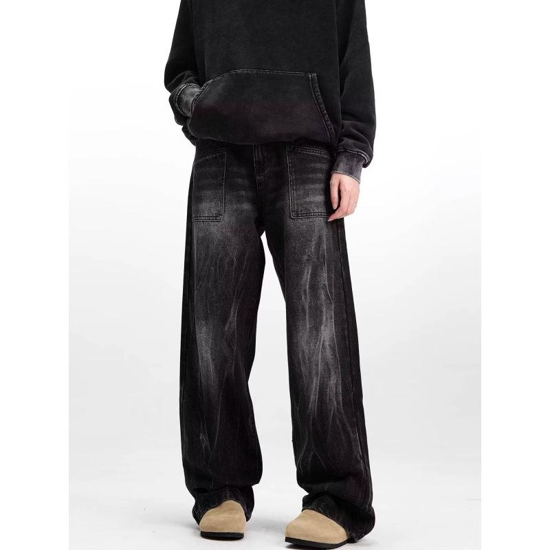 JYL Men's Straight Jeans European Trendy Black Washed High-Street Denim Pants
