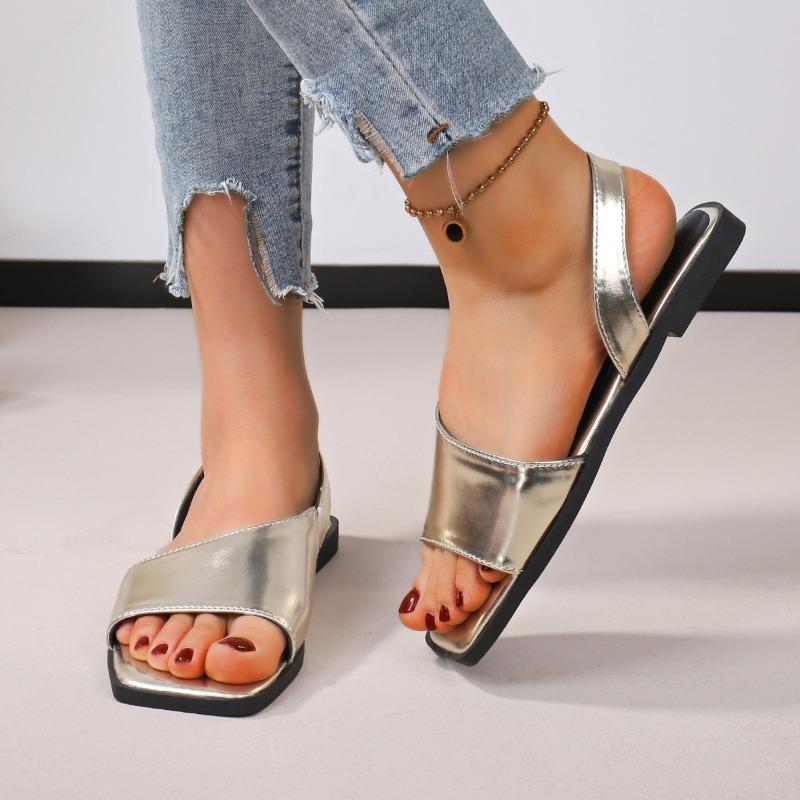 Summer Women Black Leisure Luxury Style Square Open The Toe Flats Shallow Mouth Sandal New Arrival Genuine Shoes