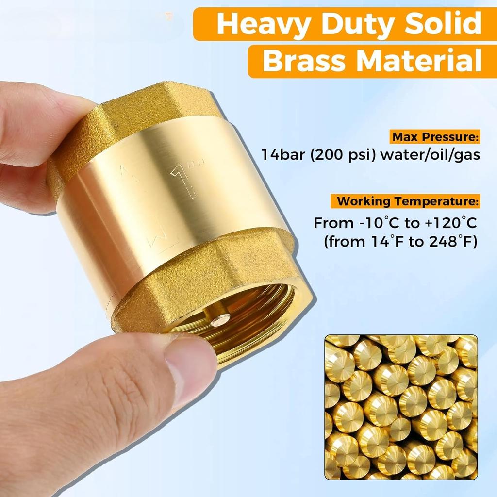 2pcs Brass Spring Check Valve 1/2 3/4 1 Inch NPT Female Thread Non Return One Way Horizontal Vertical In-Line Water Check Valve