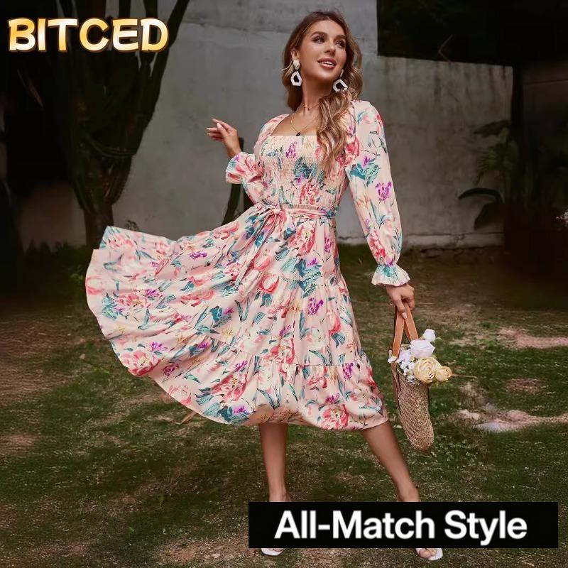 BITCED Fashion Summer Spring Long Sleeve Square Collar Casual Dresses