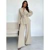 Women's 2 Piece Set V Neck Long Sleeve Belted Blazer & Wide Leg Pants Elegant Casual Office Outfit