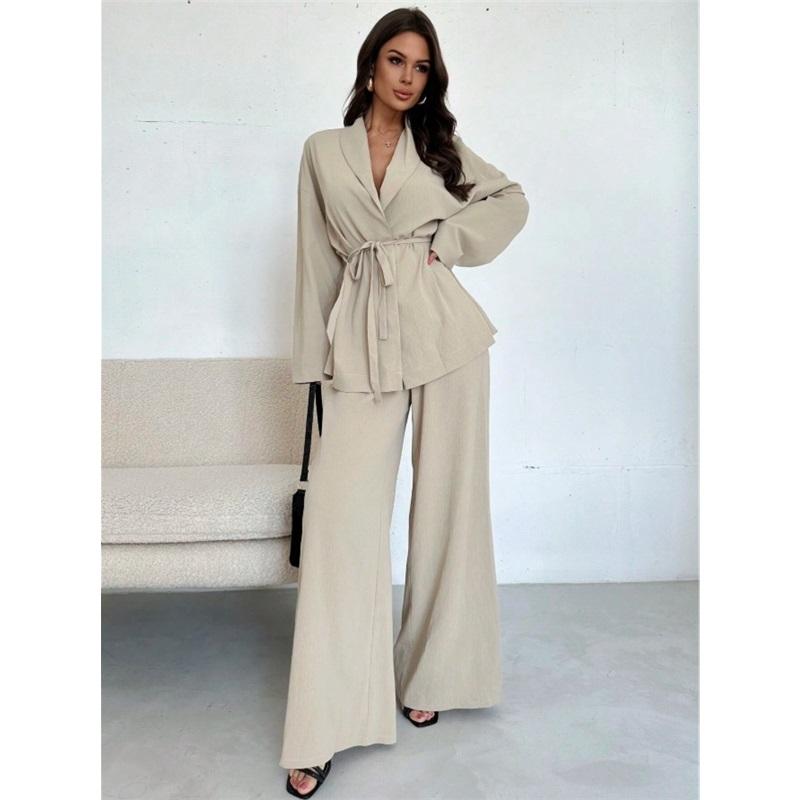 Women's 2 Piece Set V Neck Long Sleeve Belted Blazer & Wide Leg Pants Elegant Casual Office Outfit