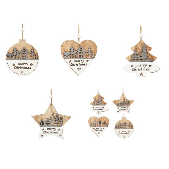 1/4Pcs Wooden Merry Christmas Ornament Farmhouse Rustic Xmas Tree Hanging Double Layer Splicing Love