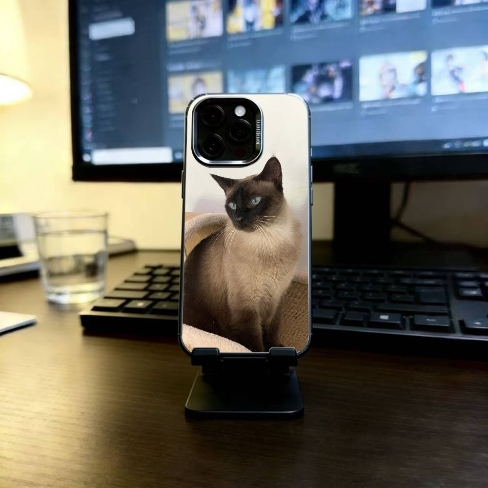 S-Siamese Cat Cute Phone Case For iPhone 17,16,15,14,13,12,11 Plus,Pro Max,XS,Colored Silver Plated Inside Cover