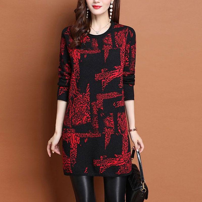 

Женская одежда Повседневная футболка миди с принтом Винтажная футболка с круглым вырезом Осень-зима с длинным рукавом Корейская свободная универсальная сплайсированная кофта XXXL красный/чёрный