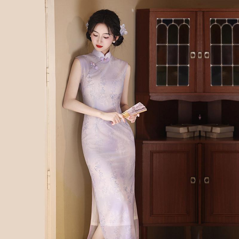 Purple sleeveless national style new Chinese daily Suzhou long cheongsam improved young 1011 new women's high sense