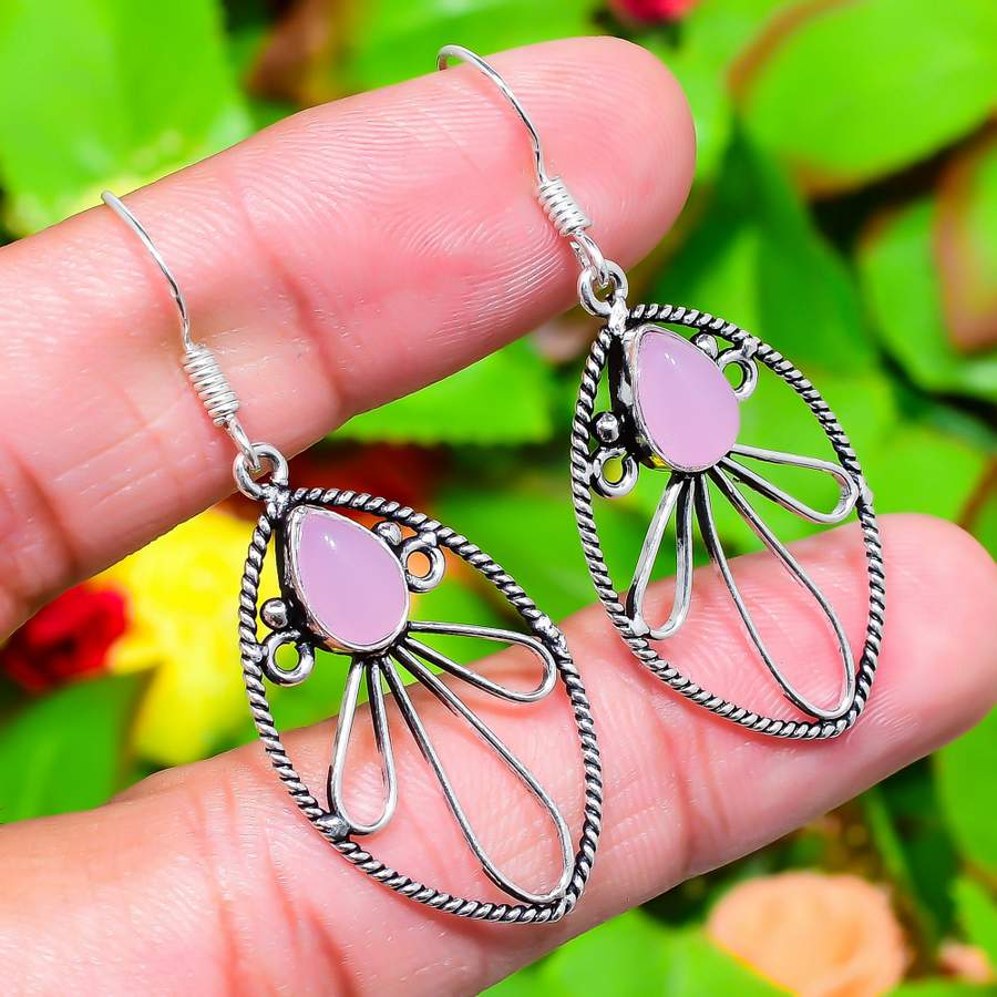 Cercei artizanali din argint sterling 925 cu piatră prețioasă naturală de cuarț roz 2.01" U1w60