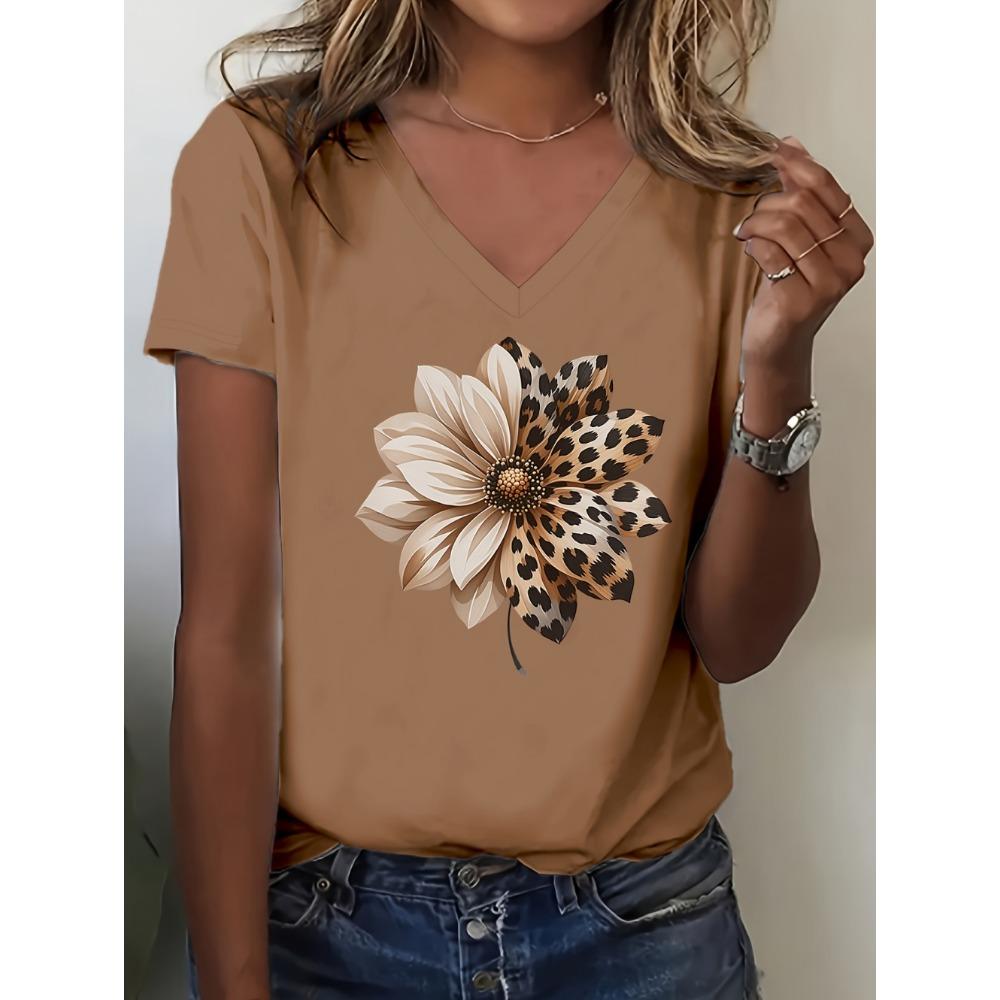 Women's V-Neck T-Shirt Flowers Print Tees Summer Short Sleeve Top Casual