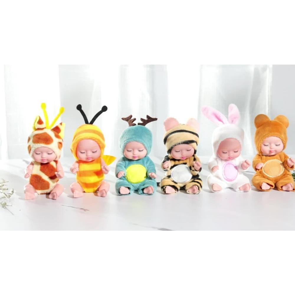 Mini Rebirth Doll 4.3 Inch Cute Animal Doll Deer/Bee/Bear/Giraffe/Tiger/Rabbit Washable PVC Material Forced Clothes and Hat Toys
