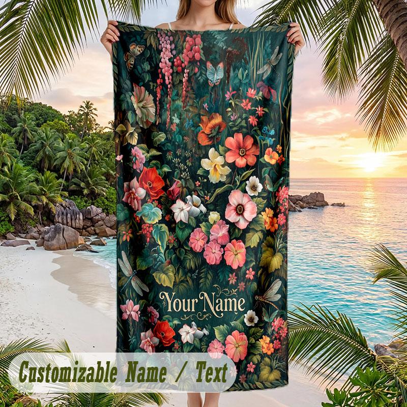 Floral Fantasy Garden 8 Theme Quick Dry Beach Towel Custom Name Text Print Large Sand Resistant Towel Beach Vacation