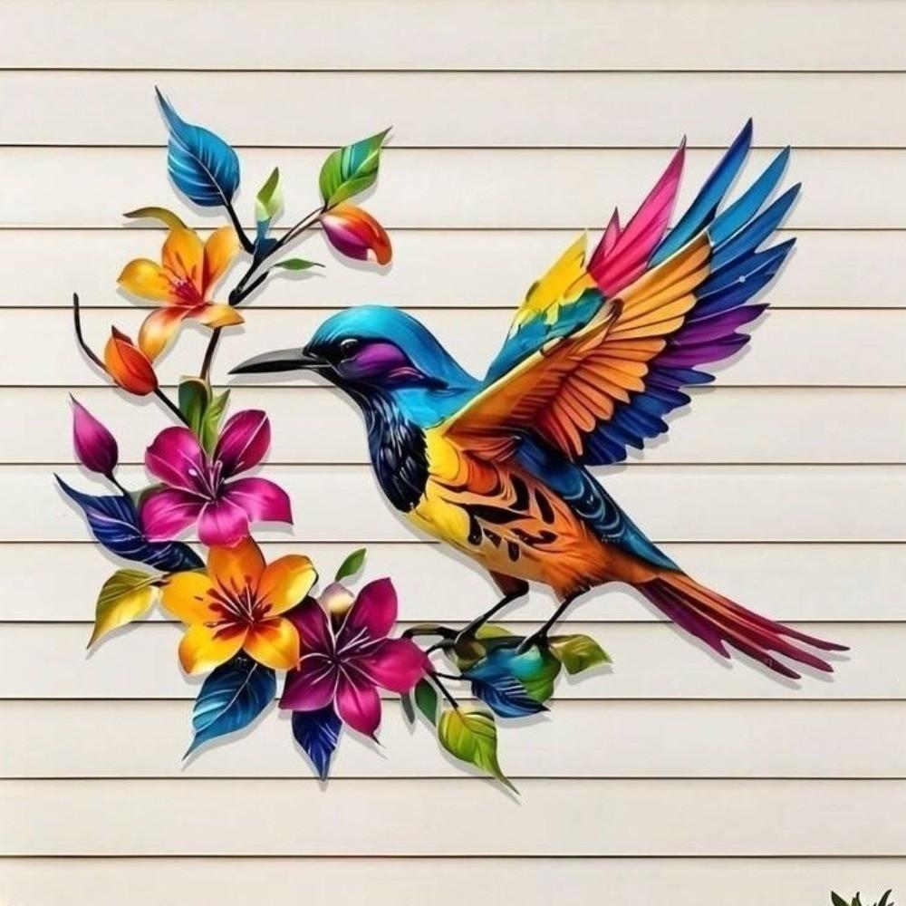 Hand Painted Iron Art Bird Wall Hanging Colorful Flower Colorful Birds Sculpture  Balcony Patio