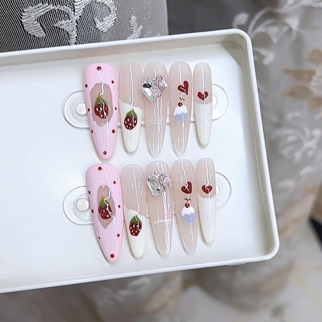Handmade Phototherapy Wear Strawberry Jam Long Thin Dog Cat Eyes Pure French Finished Manicure Stickers