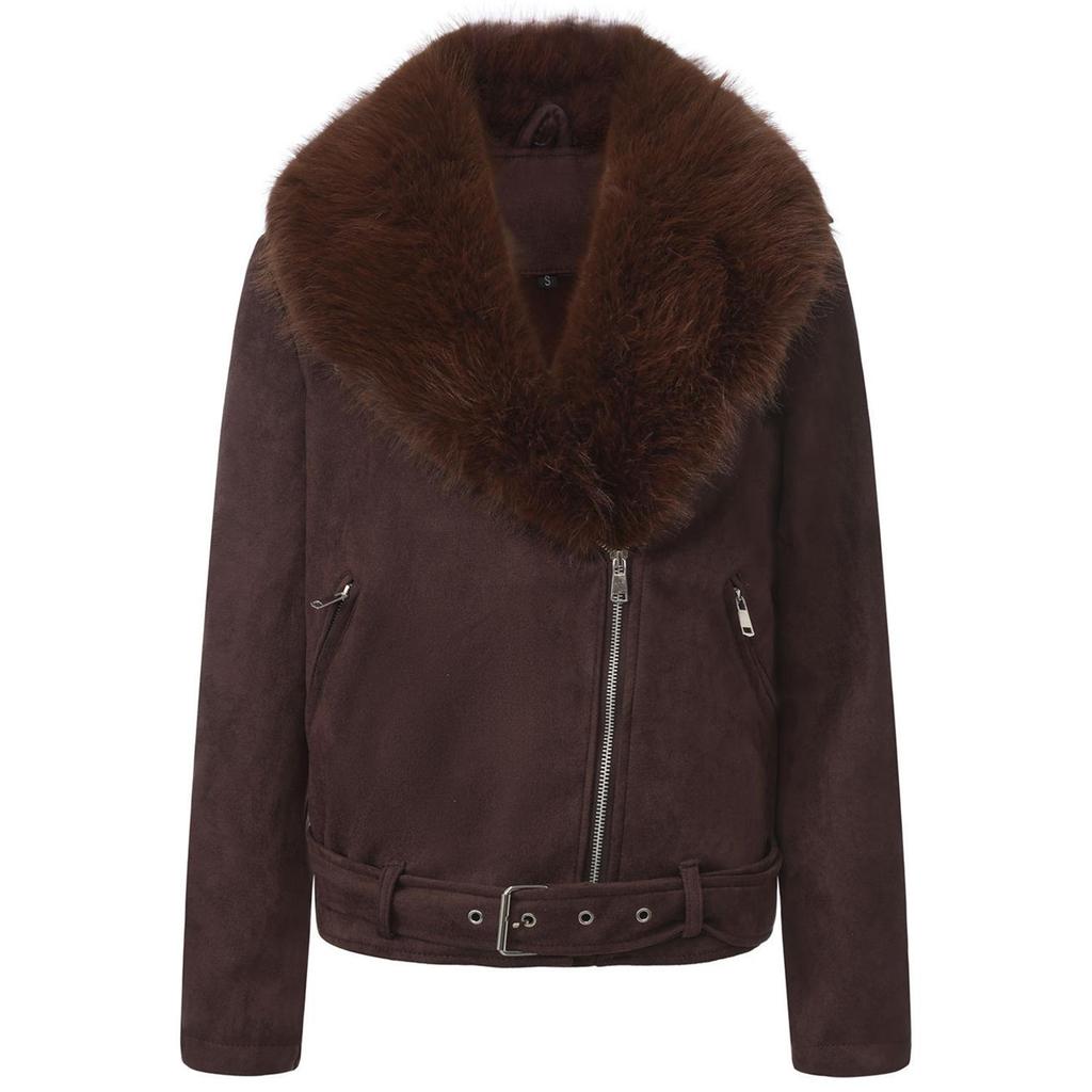 Women’s Faux Fur Coats 2 Way Wear Outfit Detachable Fur Collar Zipper Jacket Matte Faux Suede Crop Top Stylish Motobike Wear