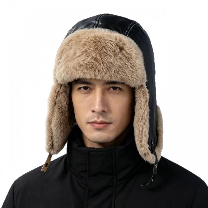Winter Warm PU Fleece-Lined Aviator Hat Men Women - Windproof Waterproof Ear Protection Cap In Red Brown Black Khaki Navy