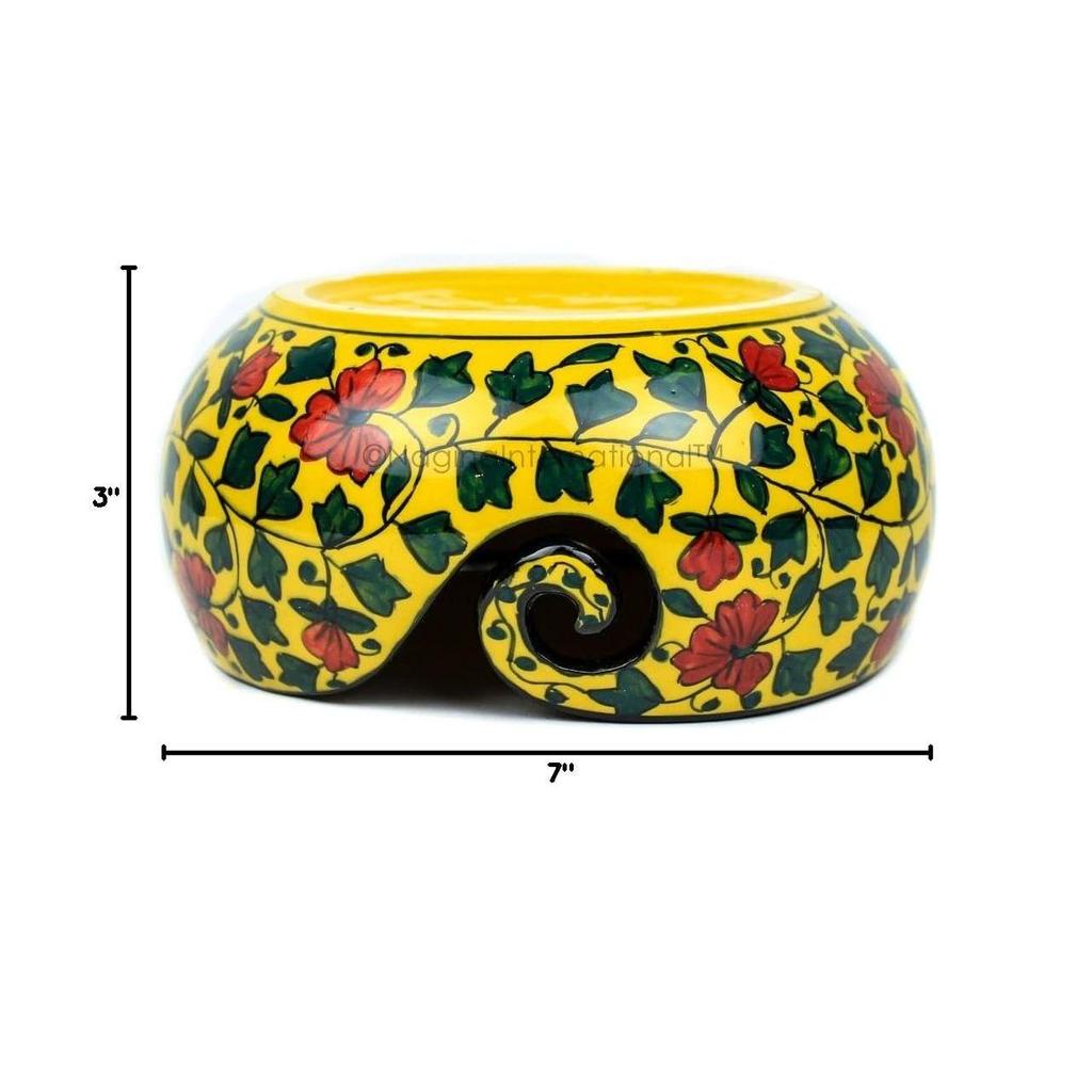 Ceramic Attractively Hand Painted Gorgeous Stoneware Yarn Ball Storage Bowl with Innovative Dispensing Curl (Medium, Yellow Shrubs)