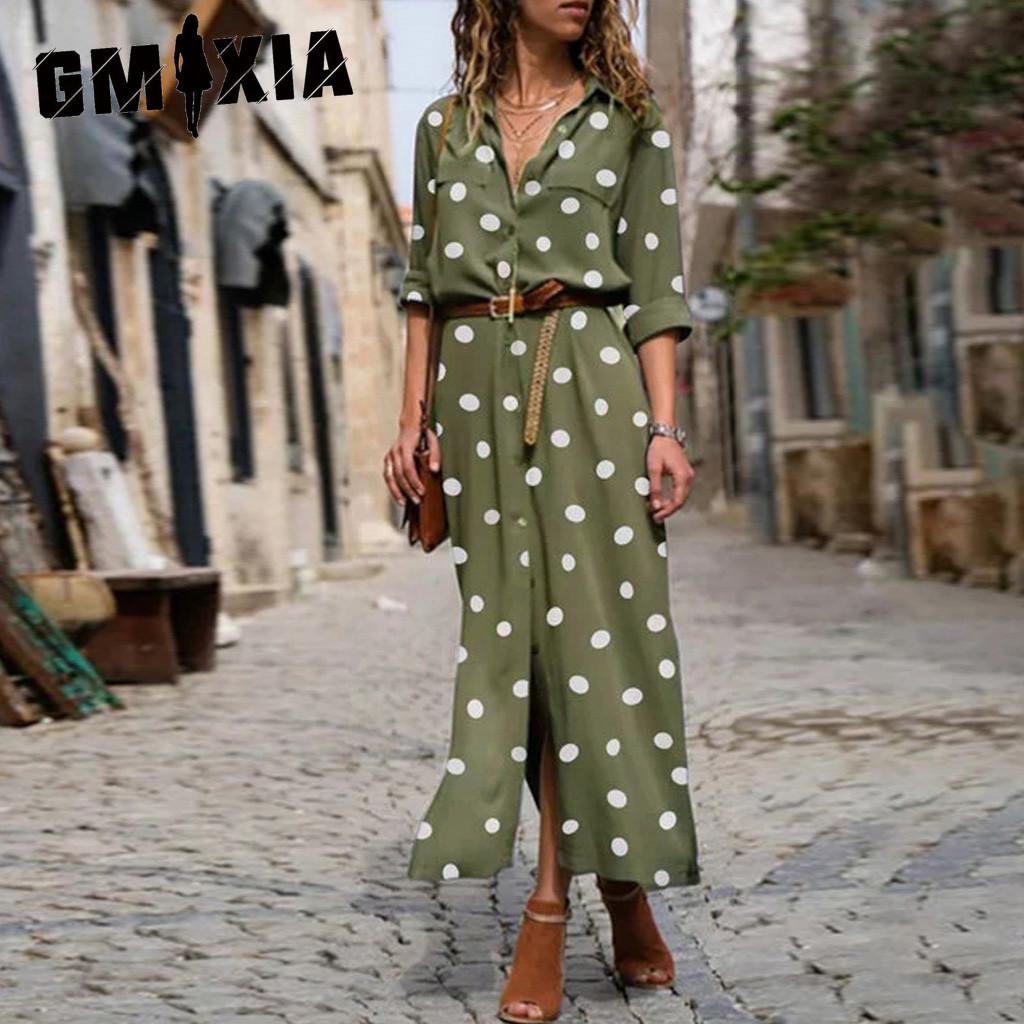 

GMXIA Women s Spring Summer Polka Dot Maxi Shirt Dresses S красный
