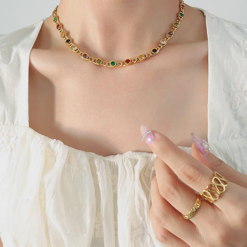 Colorful Zircon Fisheye Necklace & Bracelet Set with Copper Chain