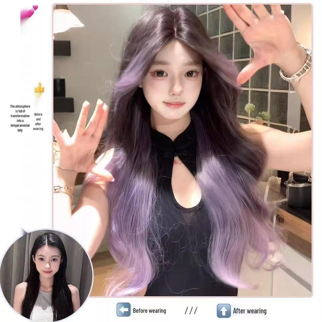 Sweet Purple Ombre Wig for Women: Long, Fluffy, Middle-Part, Natural Look, Elegant Daily Fashion, Full Head Coverage.