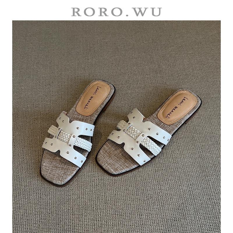 Sheepskin version~ New niche leather rivet one-word slippers women's versatile outer wear comfortable flat-bottomed cool slippers