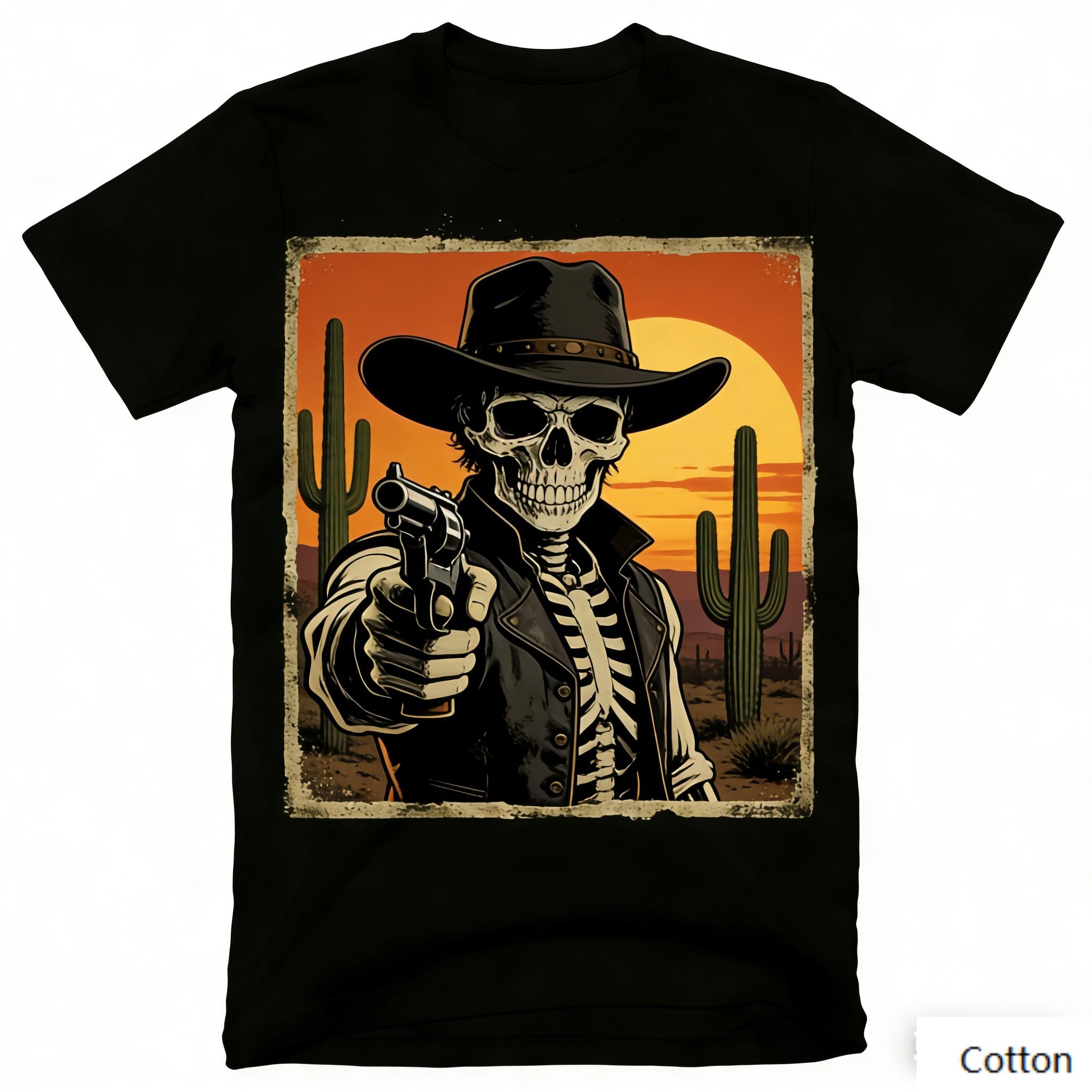Vintage Western Skeleton Cowboy Graphic T-Shirt Desert Sunset Cactus Print Cotton Short Sleeve Casual Unisex Tee S разноцветный
