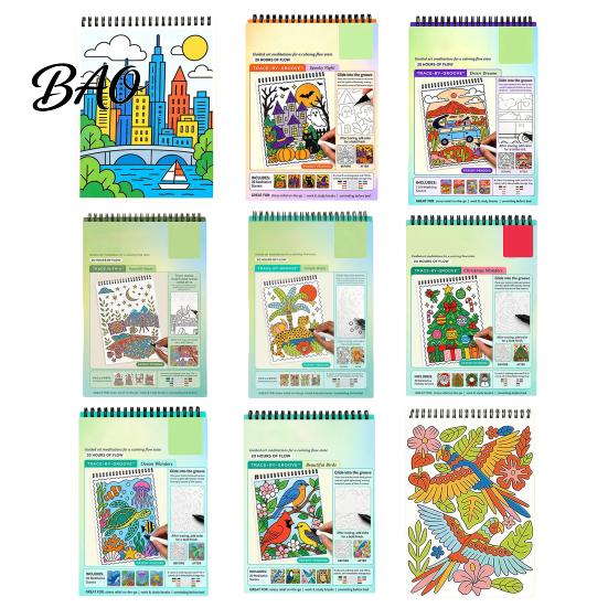 Spiral Bound Drawing Album Trace-By-Groove Guided Coloring Book, Clear Artistic Printing with 20 Decorative And Painting Set for Teens Scenes
