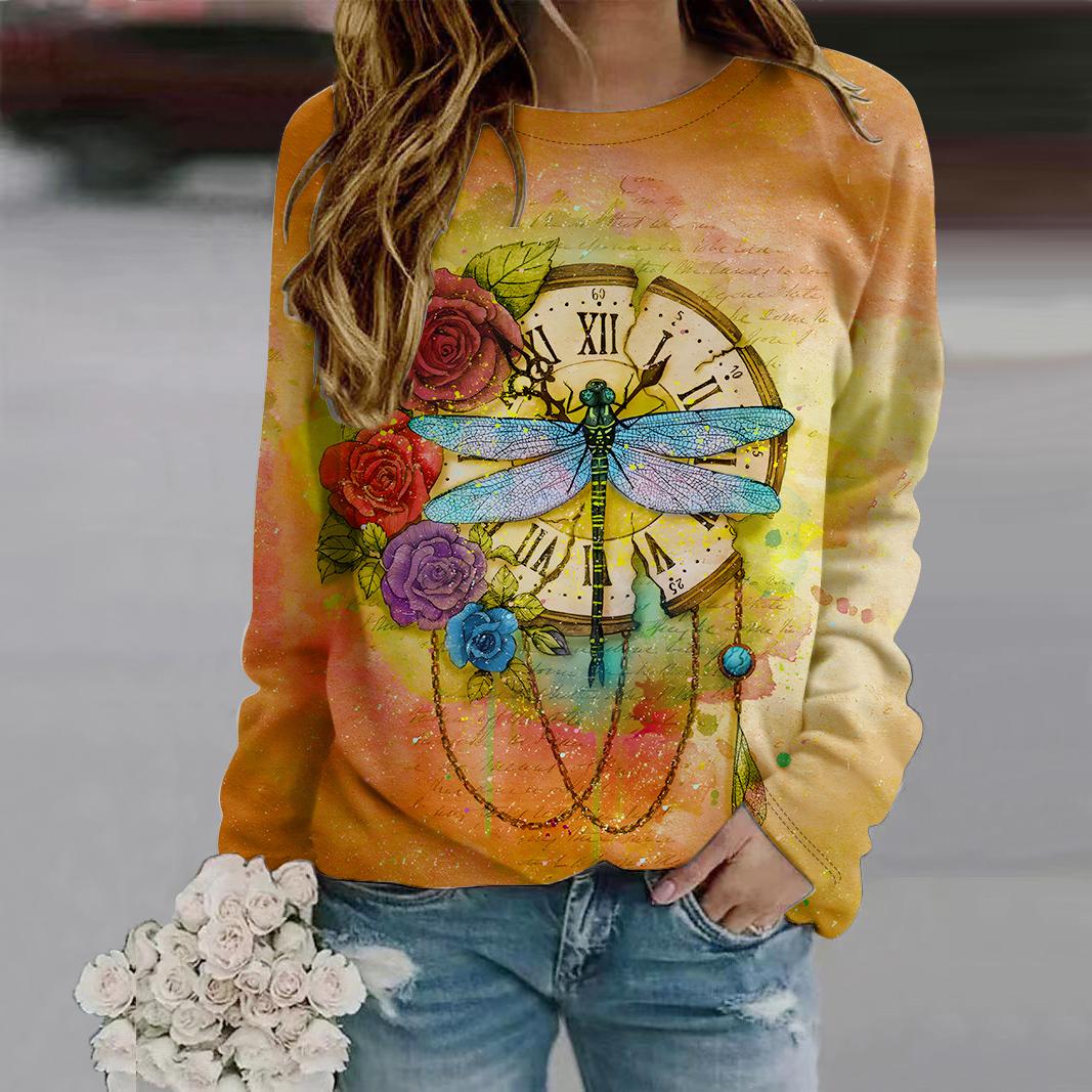 

Осенняя женская мода с круглым вырезом и длинным рукавом, свободная одежда, футболка с принтом розы и стрекозы для девочек, уличная одежда XL оранжевый