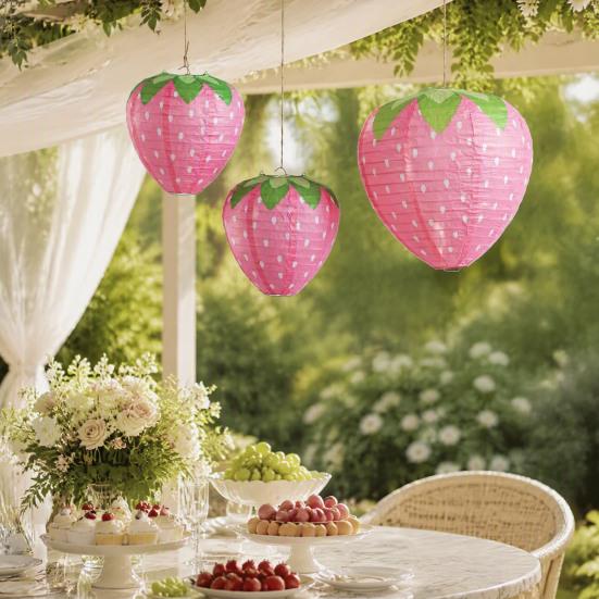 Birthday Party Hanging Ornaments Strawberry Paper Lantern, Pink Fruit Shaped Decor for Party, Sweet Style Event Supplies Collapsible Round Lamp