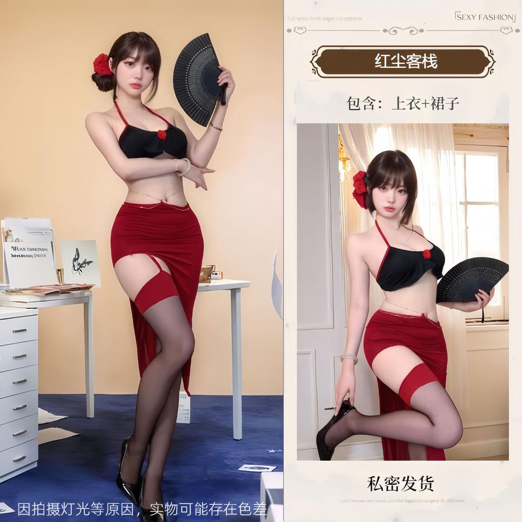 Sex underwear sexy rose long dress nightclub tube top hanging neck red charm split fork