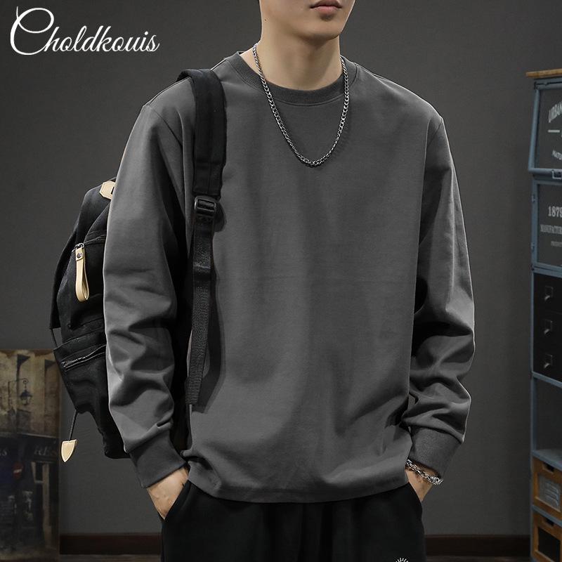 

Мужская черная футболка с круглым вырезом и длинными рукавами: Чистый хлопок, плюс бархат, осенне-зимняя мода с черным узором 2XL (170-195 lbs) темно-серого